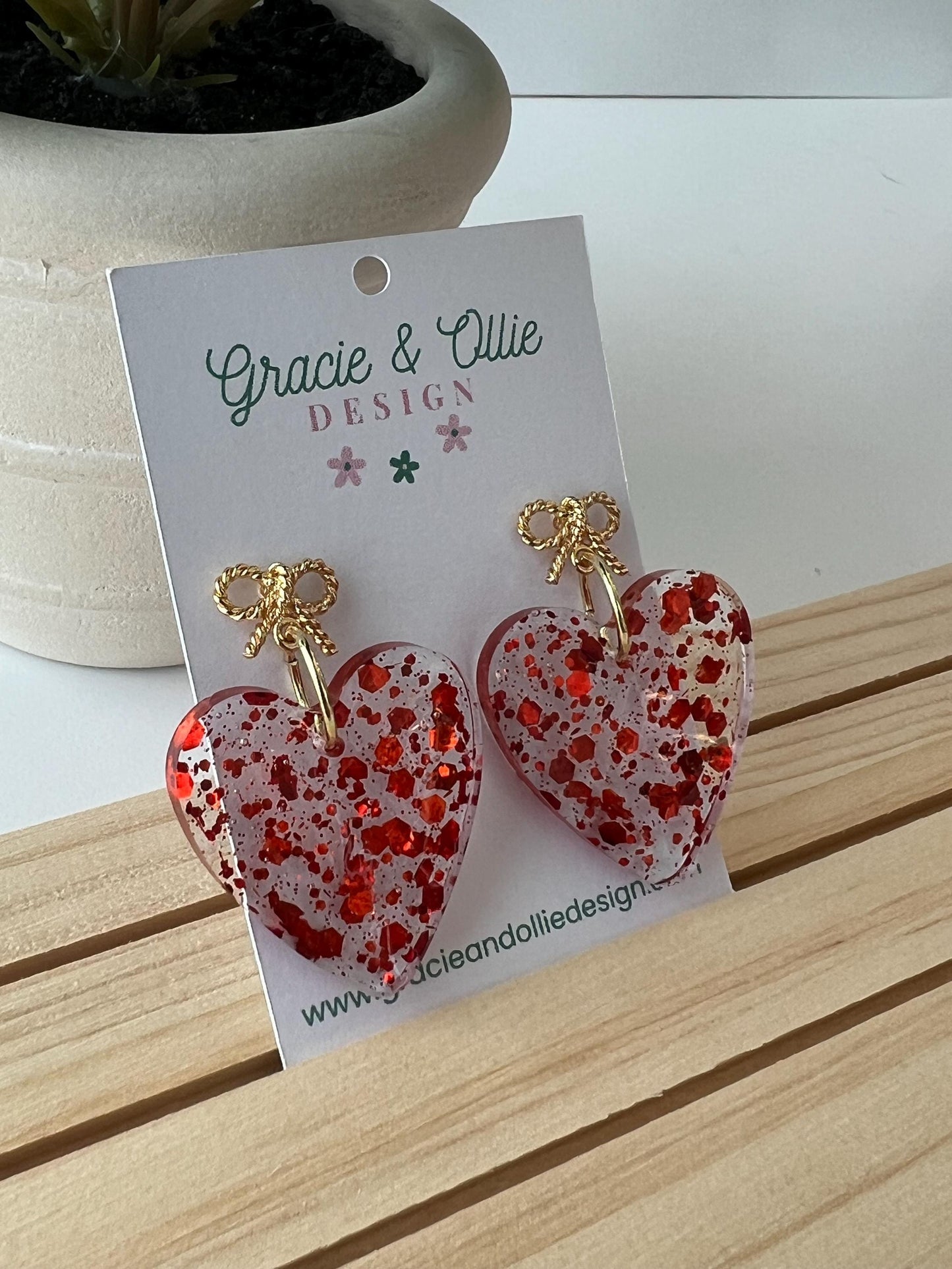 Red Glitter Heart Resin Earrings